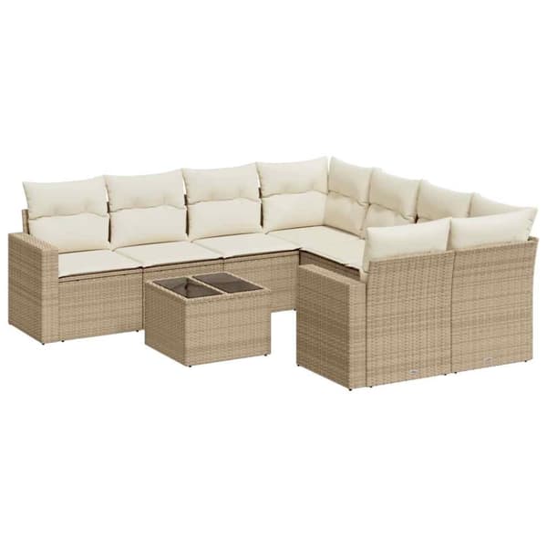 vidaXL Soffgrupp för trädgården med dynor 9 delar beige konstrotting