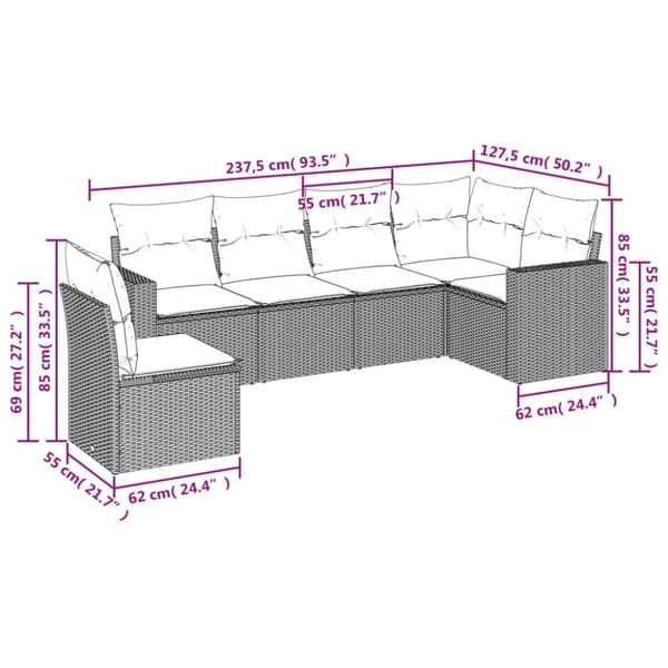 vidaXL sofasæt til haven 6 dele med hynder polyrattan grå