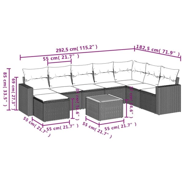 vidaXL sofasæt til haven 9 dele med hynder polyrattan beige
