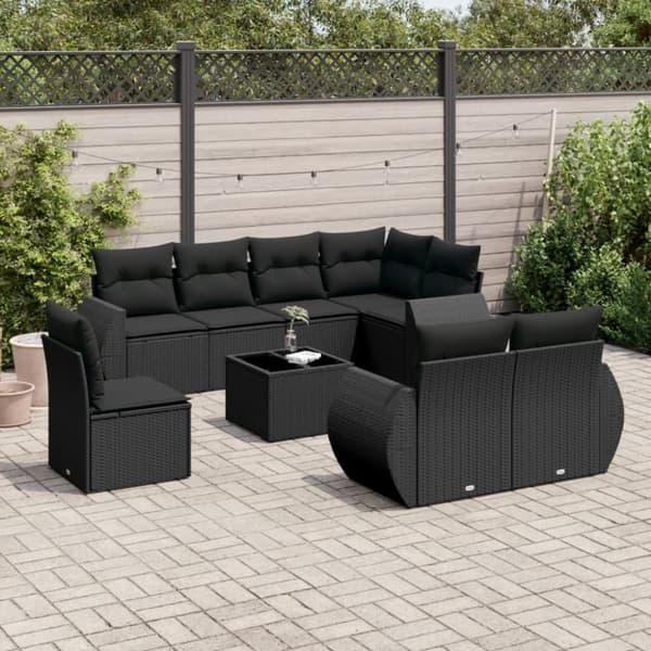 vidaXL sofasæt til haven 9 dele med hynder polyrattan sort