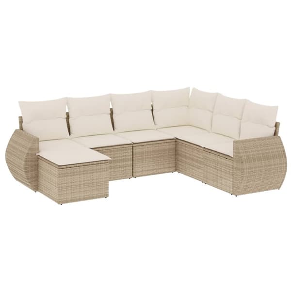 vidaXL Matgrupp för trädgården med dynor 7 delar beige konstrotting