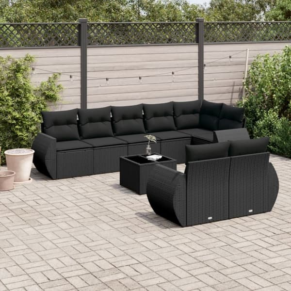 vidaXL sofasæt til haven 9 dele med hynder polyrattan sort