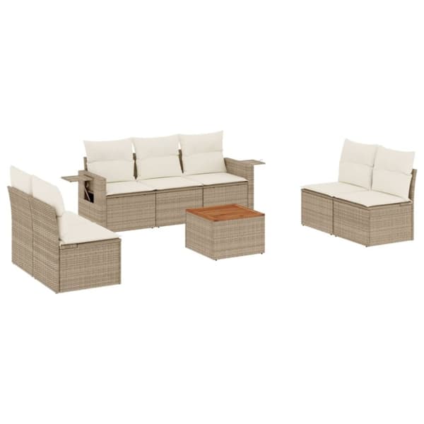 vidaXL Matgrupp för trädgården med dynor 8 delar beige konstrotting