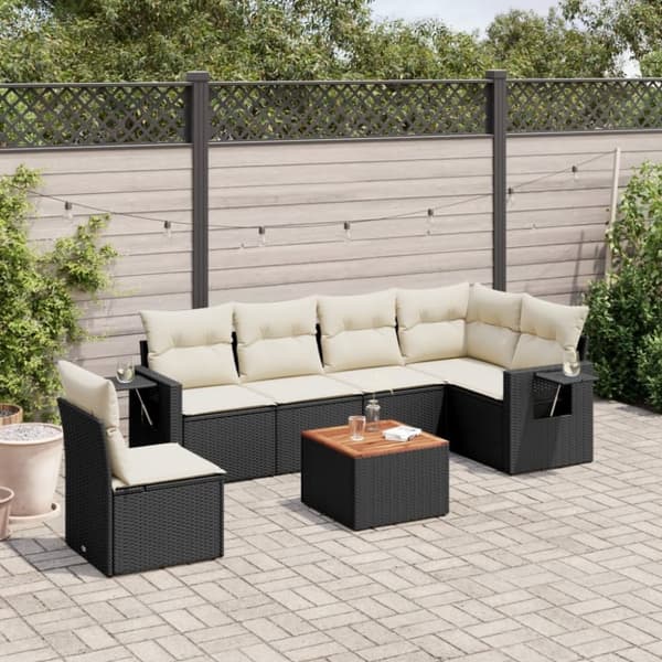 vidaXL sofasæt til haven 7 dele med hynder polyrattan sort