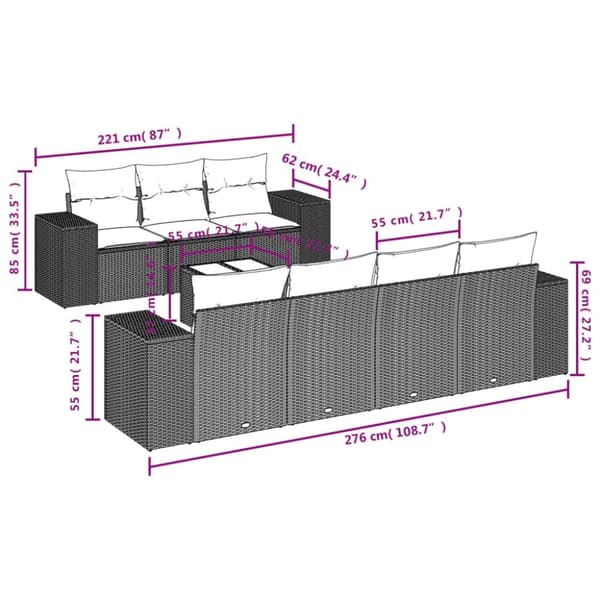 vidaXL sofasæt til haven 8 dele med hynder polyrattan sort