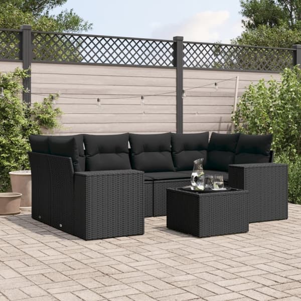 vidaXL sofasæt til haven 7 dele med hynder polyrattan sort