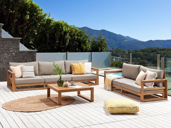 Loungegrupp Ljust Akaciaträ Taupe Utomhus 5-sits 2 Soffor med Soffbord Kuddar Modern Design Trädgård Uteplats