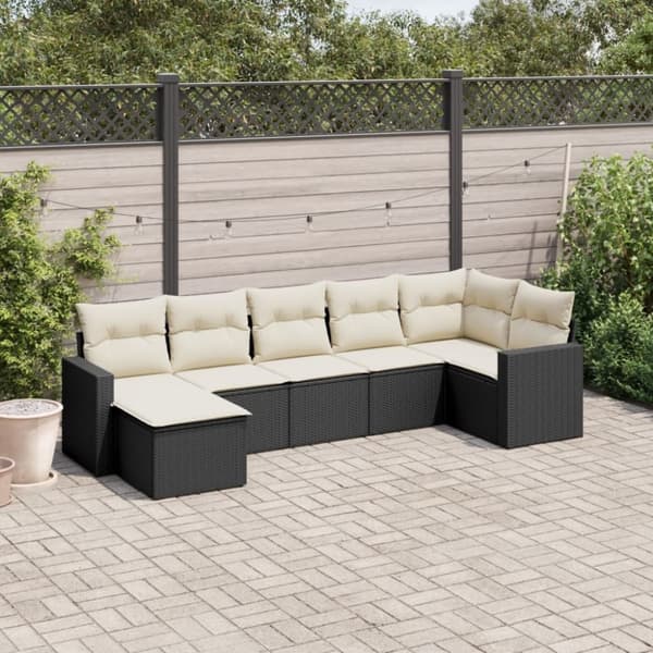 vidaXL sofasæt til haven 7 dele med hynder polyrattan sort
