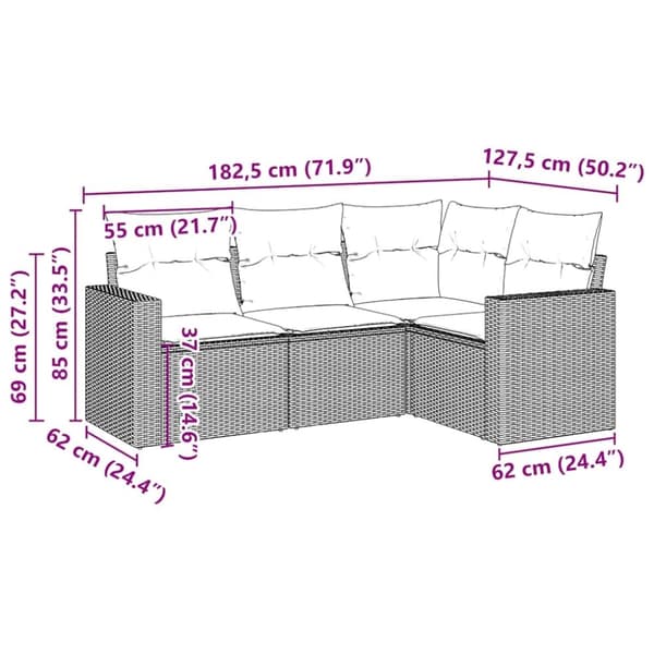vidaXL sofasæt til haven 4 dele med hynder polyrattan brun