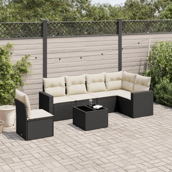 vidaXL sofasæt til haven 7 dele med hynder polyrattan sort