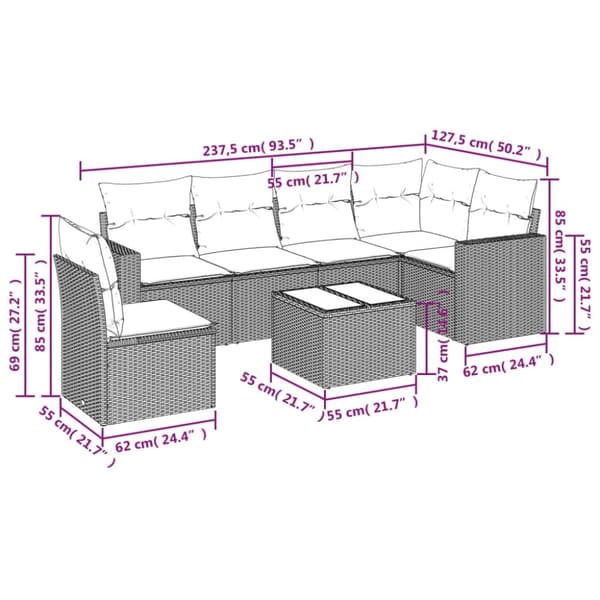 vidaXL sofasæt til haven 7 dele med hynder polyrattan sort