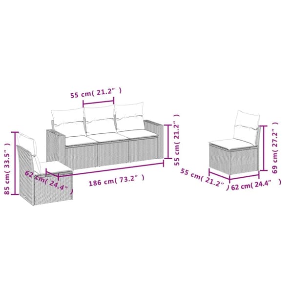 vidaXL sofasæt til haven 5 dele med hynder polyrattan brun