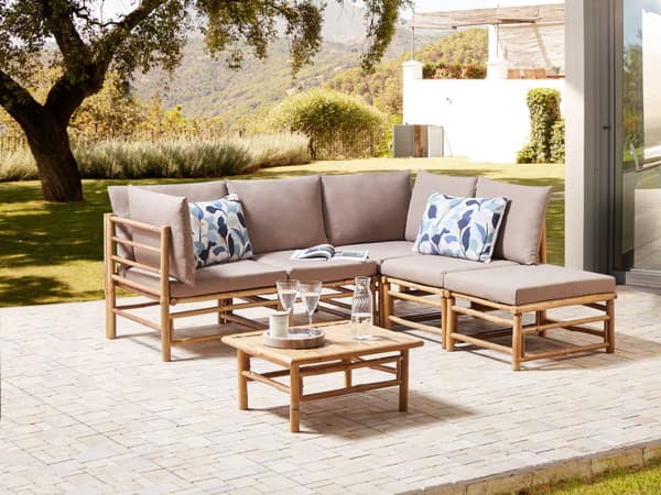 Modulär Hörnsoffgrupp Taupe med Kuddar Bambu 5-sitsig med Soffbord Boho-design Loungegrupp för utomhusbruk