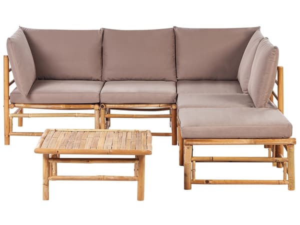 Modulär Hörnsoffgrupp Taupe med Kuddar Bambu 5-sitsig med Soffbord Boho-design Loungegrupp för utomhusbruk