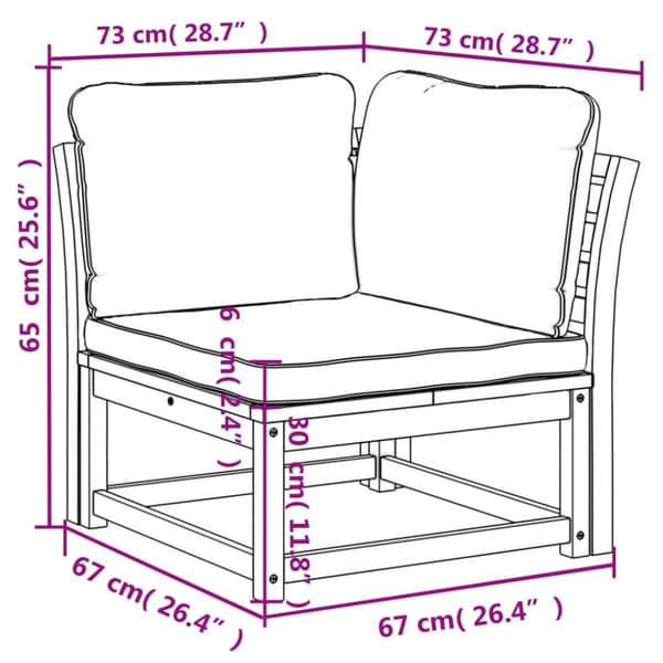 vidaXL hjørnemodul til sofa 73x73x65 cm med hynder massivt akacietræ