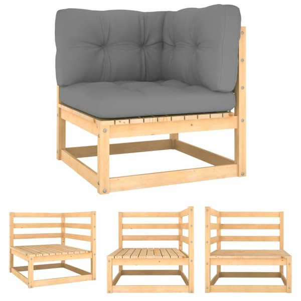 The Living Store hjørnedel til havesofa med grå hynder massivt fyrretræ -  Enheder til udendørs modulsofa