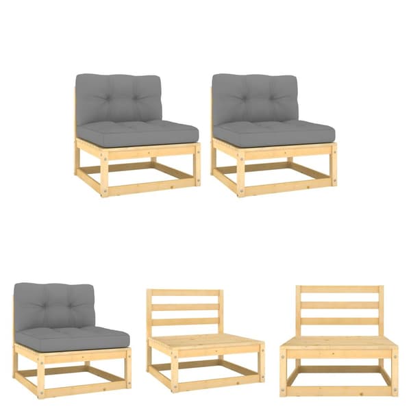 The Living Store midterdele til havesofa med grå hynder 2 stk. massivt fyrretræ -  Enheder til udendørs modulsofa