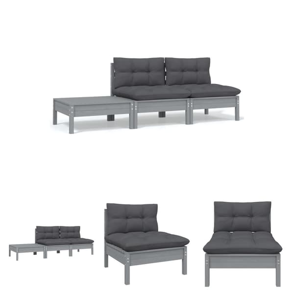 The Living Store Loungegrupp med grå dynor 3 delar massiv furu -  Moduler till utomhussoffa