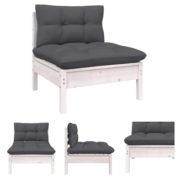 The Living Store midterdel til havesofa med hynder massivt fyrretræ hvid -  Enheder til udendørs modulsofa
