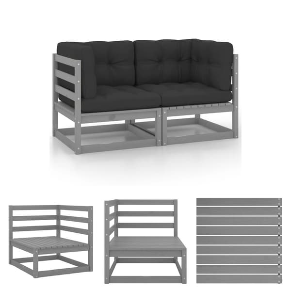 The Living Store 2-personers havesofa med hynder massivt fyrretræ grå -  Enheder til udendørs modulsofa