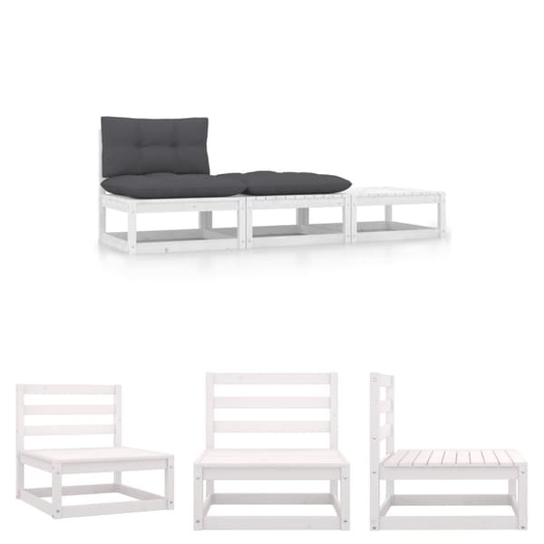 The Living Store Loungegrupp med dynor 3 delar vit massiv furu -  Moduler till utomhussoffa