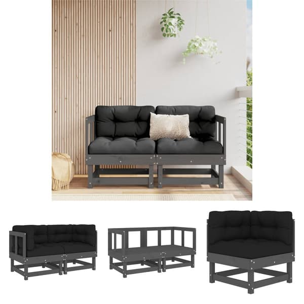 The Living Store Hörnsoffor med dynor 2 st grå massiv furu -  Moduler till utomhussoffa