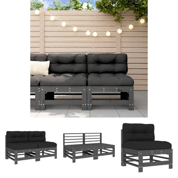 The Living Store midtermoduler til sofa 2 stk. med hynder massivt fyrretræ grå -  Enheder til udendørs modulsofa