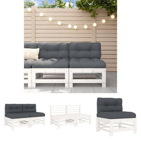 The Living Store midtermoduler til sofa 2 stk. med hynder massivt fyrretræ hvid -  Enheder til udendørs modulsofa