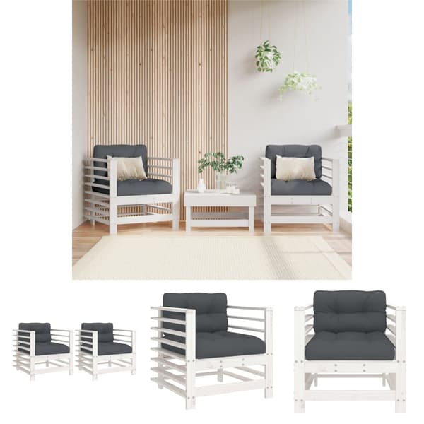 The Living Store Trädgårdsfåtöljer med dynor 2 st vit massiv furu -  Moduler till utomhussoffa
