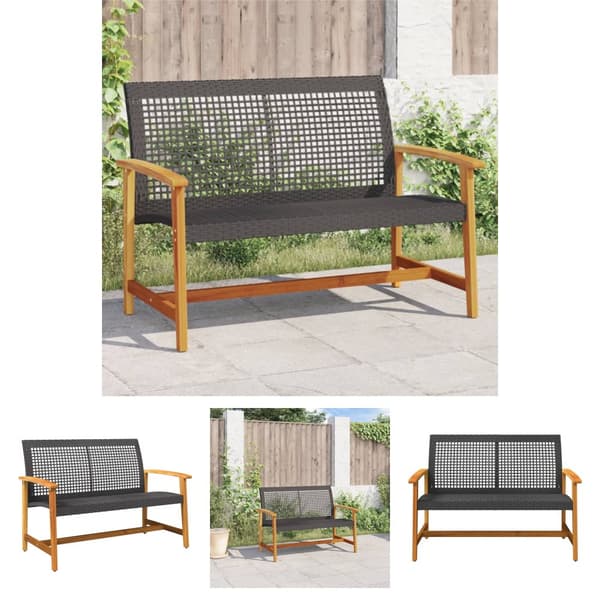 The Living Store Puutarhapenkki musta 112 cm polyrottinki ja akasiapuu -  Ulkotilan Sohvayksikön Osat