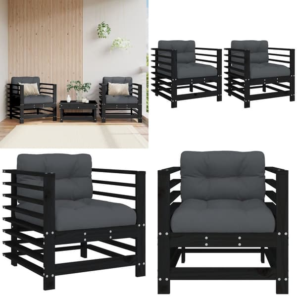 Havestole med hynder 2 stk. Massivt fyrretræ sort - Havestol - Havestole - Home & Living