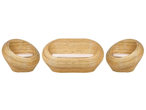 Trädgårdssoffgrupp Naturrotting med Sittdynor Beige 4-sits Fåtöljer Inomhus Utomhus Boho Stil