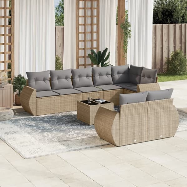 Soffgrupp för trädgården med dynor 9 delar beige konstrotting