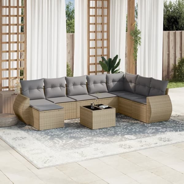 Soffgrupp för trädgården med dynor 9 delar beige konstrotting