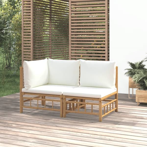 Loungegrupp för trädgården med gräddvita dynor 2 delar bambu