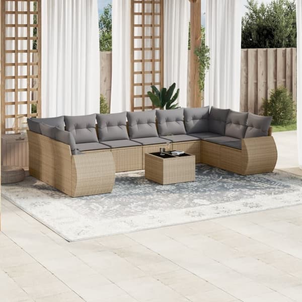 Loungegrupp för trädgården m. dynor 11 delar beige konstrotting