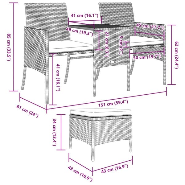 vidaXL 2-personers havesofa med bord og skamler polyrattan brun