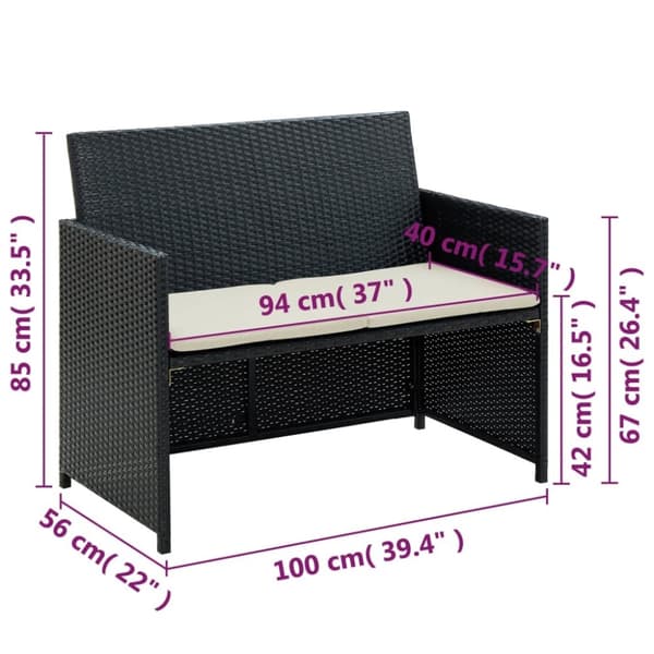 vidaXL 2-personers havesofa med hynder sort polyrattan