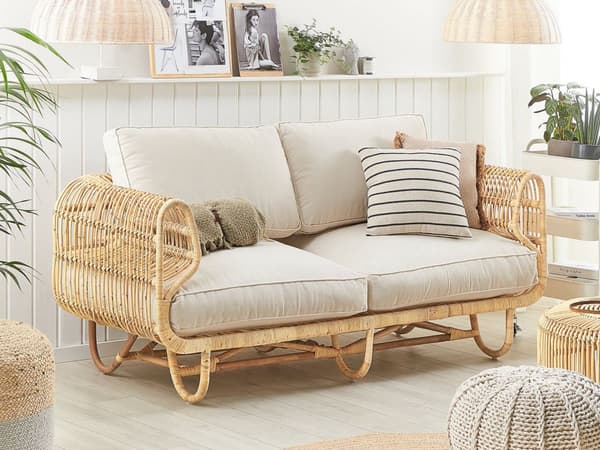 Ulkosohva beige/luonnollinen rottinki punos 2 hengelle puuvilla istuintyynyt istuttava boho tyyli