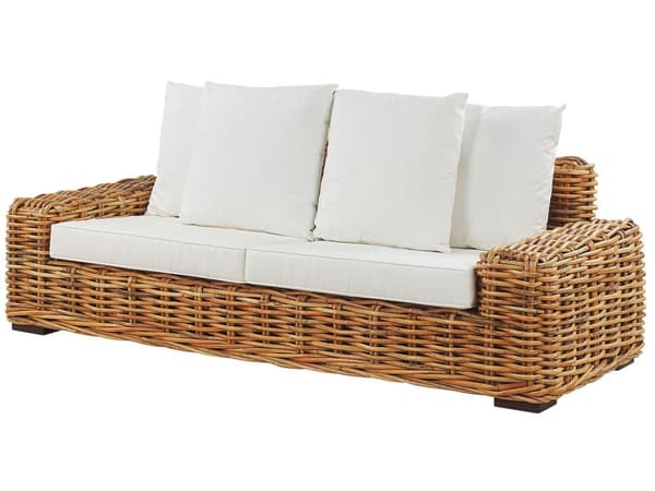 Rattansofa Beige Natur og Hvid Polyester 3 Personers Flet Havesofa med Hynder Puder Loungesofa Traditionel Boho Udendørs Terrasse Have