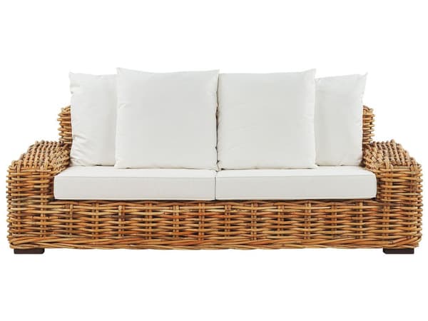 Rattansofa Beige Natur og Hvid Polyester 3 Personers Flet Havesofa med Hynder Puder Loungesofa Traditionel Boho Udendørs Terrasse Have