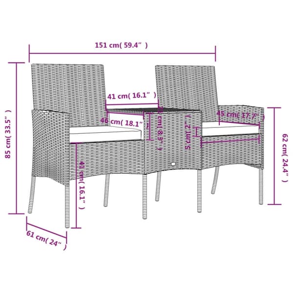 vidaXL 2-personers havestol med tebord polyrattan brun