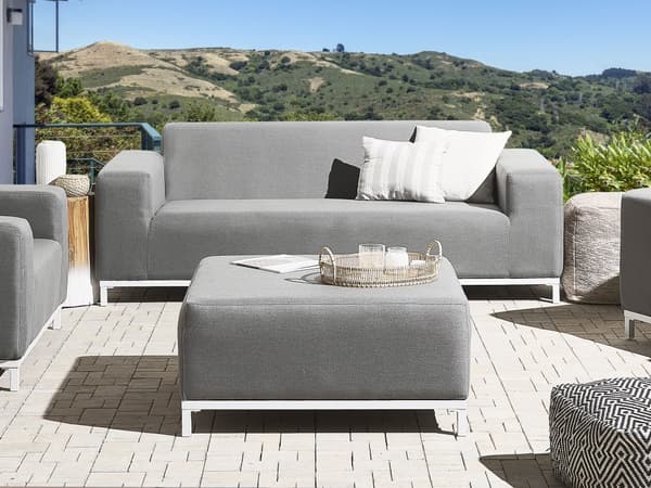 Hagesofa Grått stofftrekk Hvite aluminiumsben Innendørs utemøbler Værbestandig utendørs