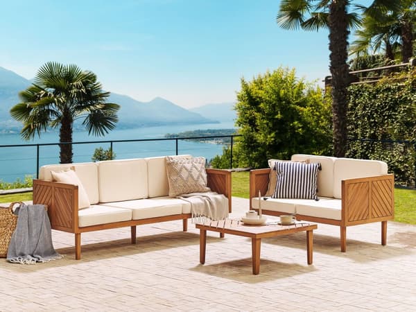Hagesofa Akasietre 3-seter Lys beige puter Loungemøbler Utendørs Hage Terrasse Rustikk Moderne