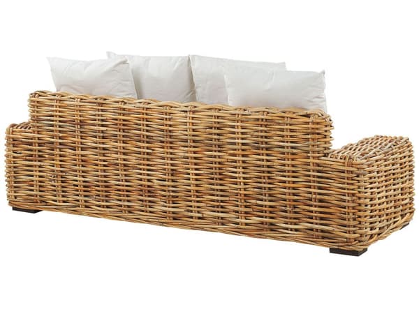 Hagesofa Naturlig Rotting Utendørs 3-seters med Off-white Puter Flettet Tradisjonell Boho Stue