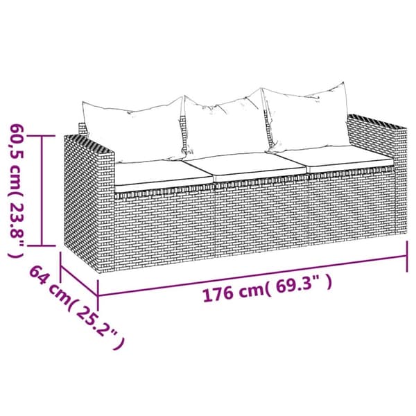 vidaXL 3-personers havesofa med hynder polyrattan sort