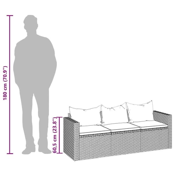 vidaXL 3-personers havesofa med hynder polyrattan sort