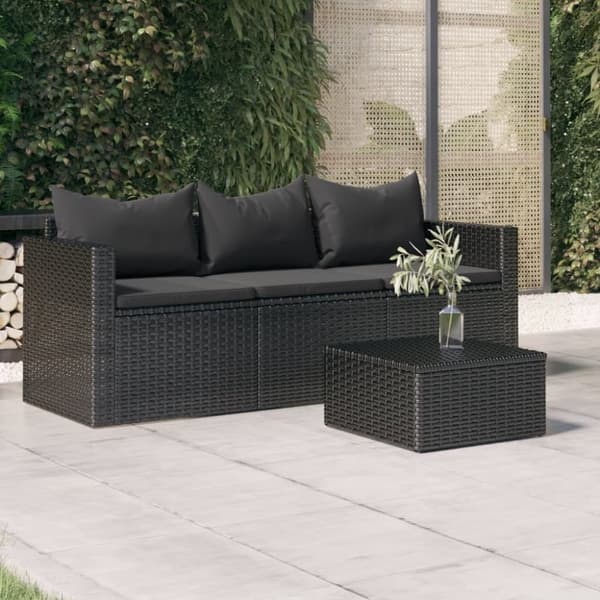vidaXL 3-personers havesofa med hynder polyrattan sort