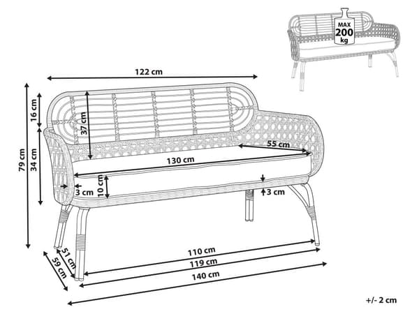 Sofa Grå Natur Rattan 2-personers med Siddepude Flettet Boho Design