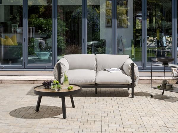 2-personers havesofa i aluminium Sort aluminiumsramme Lysegrå hynder i vandafvisende stof